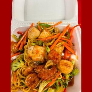 Spicy seafood lo mein includes scallops, shrimp, salmon & calamari